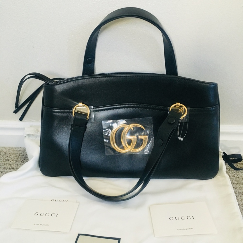 New Authentic Gucci Large GG Leather Top Handle Bag Black Gold